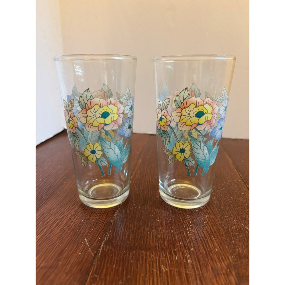 Vintage‎ KIG Indonesia Floral Drinking Glasses Set of 2 Pink Yellow Blue Flowers